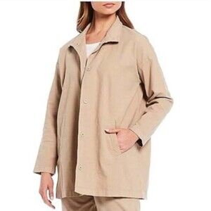 EILEEN FISHER XS Organic Cotton & Hemp Tan Snap Button Front Blazer Midi Jacket